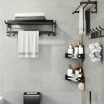 Skorter | Contemporary bathroom accessory set with black surface and bath shelf/towel bar