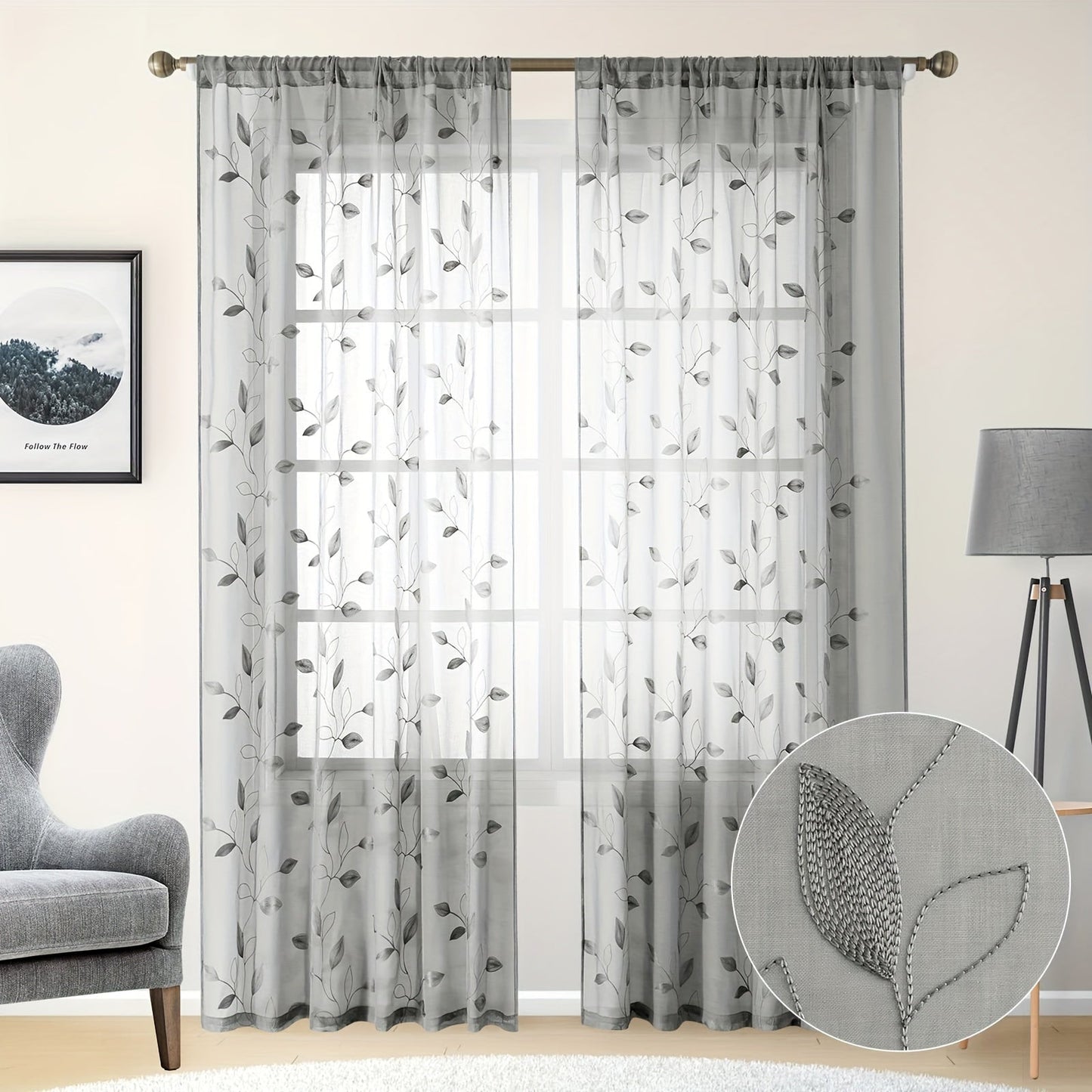 Skorter | Embroidered curtains with leaves - 2 pcs semi-transparent for bedroom and living room