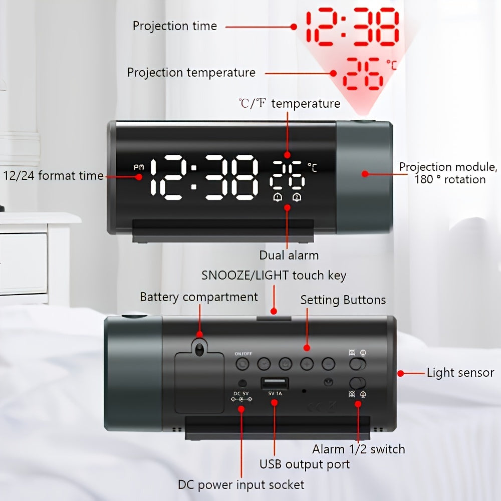 Skorter | ProjectElite - Modern Black Projector Alarm Clock with Dual Time and Temperature Display