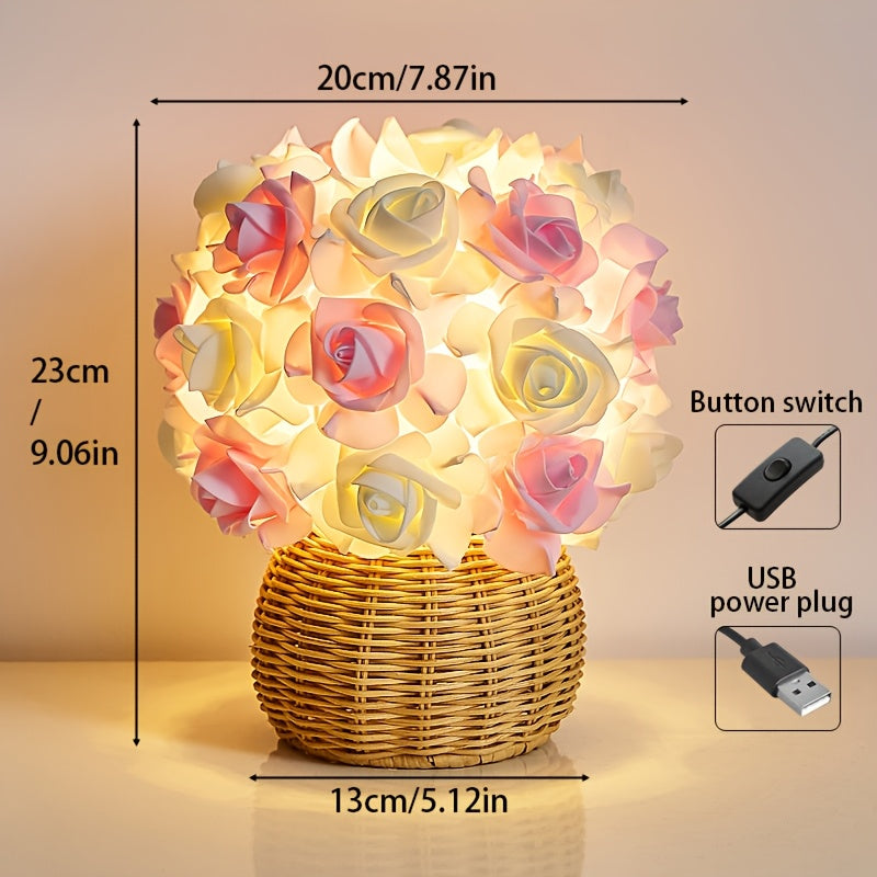 Skorter | FloraGlow - Art Deco USB Rose Table Lamp with Polished Base and Light Bulb