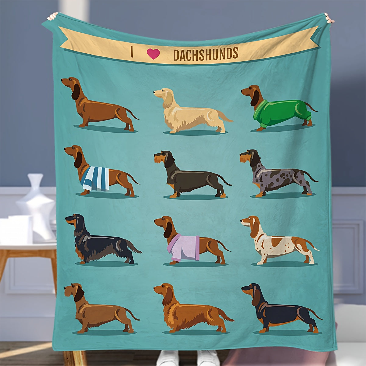 Skorter | Dachshund Fleece Blanket - Soft Flannel with Wiener Dog Print, Blue