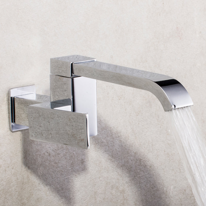 Skorter | Contemporary Wall Mounted Bathroom Faucet Lever Handles Low Arc Swivel Brass Tap