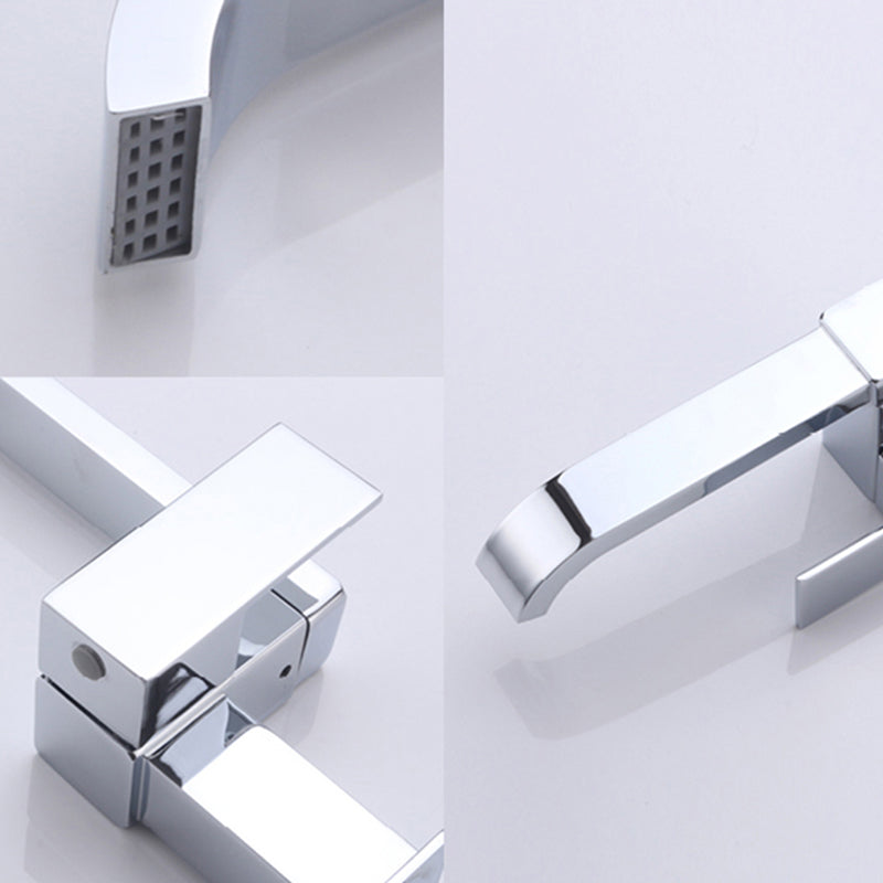 Skorter | Contemporary Wall Mounted Bathroom Faucet Lever Handles Low Arc Swivel Brass Tap