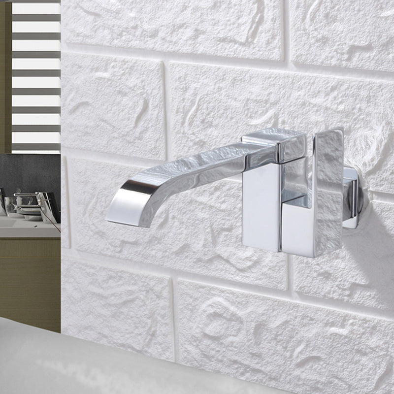 Skorter | Contemporary Wall Mounted Bathroom Faucet Lever Handles Low Arc Swivel Brass Tap