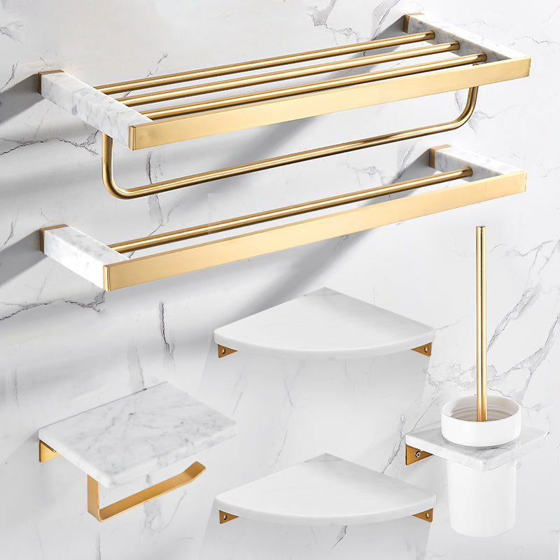 Skorter | Brushed Brass Bathroom Accessory Set Metal & Marble Bathroom Hardware Set with Bathtub Shelf