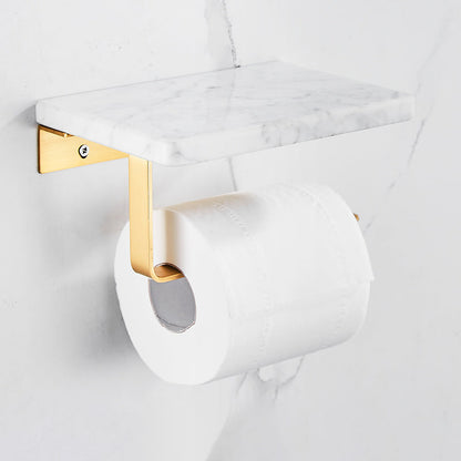 Skorter | Brushed Brass Bathroom Accessory Set Metal & Marble Bathroom Hardware Set with Bath Shelf