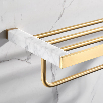 Skorter | Brushed Brass Bathroom Accessory Set Metal & Marble Bathroom Hardware Set with Bath Shelf