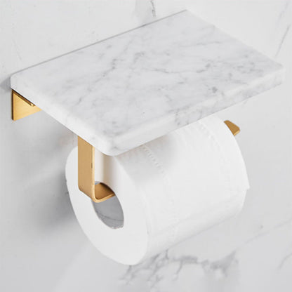 Skorter | Brushed Brass Bathroom Accessory Set Metal & Marble Bathroom Hardware Set with Bath Shelf