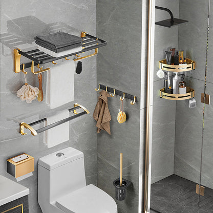 Skorter | Contemporary Bathroom Accessory Set Black & Golden Bath Shelf/Towel Bar