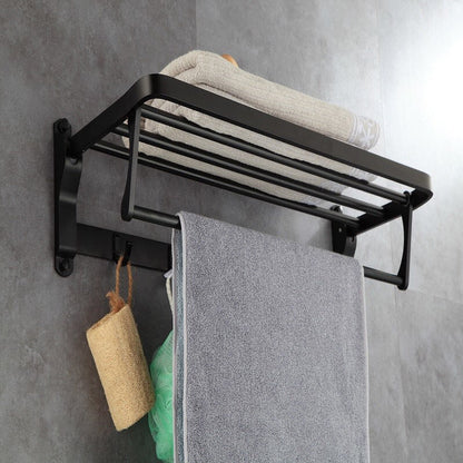 Skorter | 6-piece modern bathroom hardware set in matte black with bathroom shelf/towel holder & bathrobe hooks