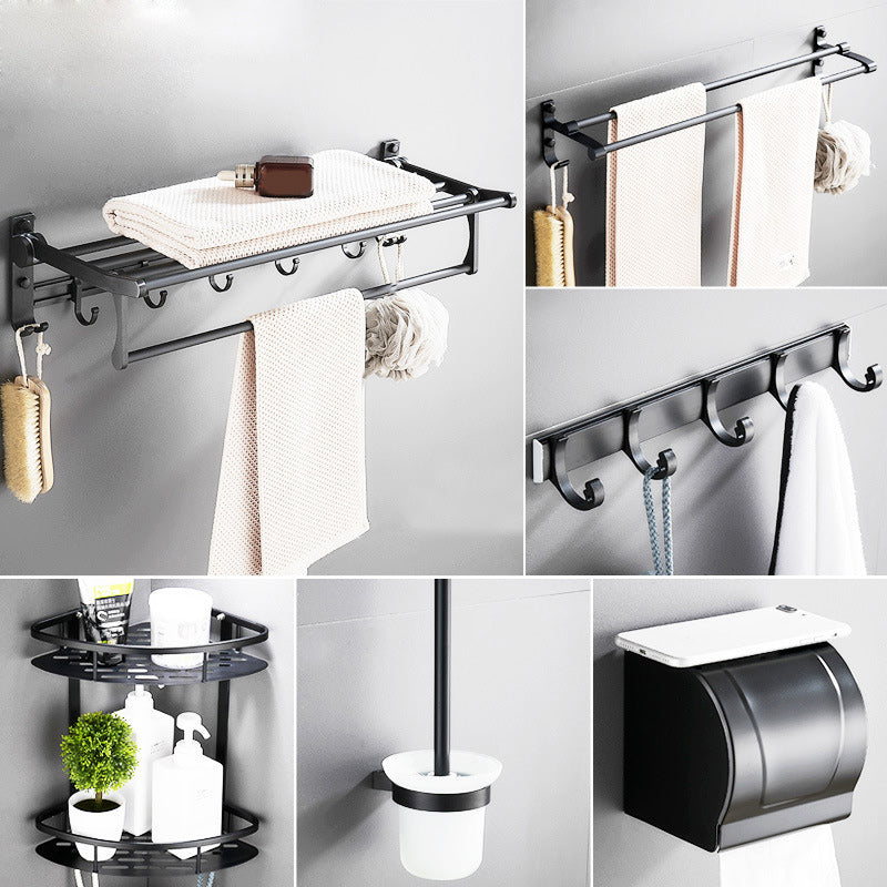 Skorter | 6-piece modern bathroom hardware set in matte black with bathroom shelf/towel holder & bathrobe hook