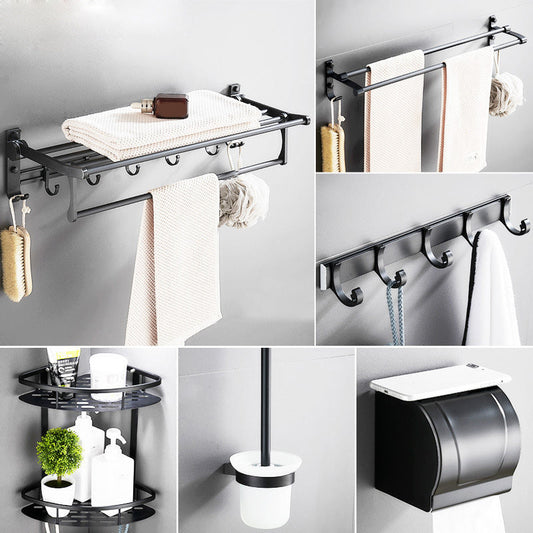 Skorter | 6-piece modern bathroom hardware set in matte black with bathroom shelf/towel holder & bathrobe hook