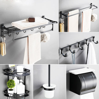 Skorter | 6-piece modern bathroom hardware set in matte black with bathroom shelf/towel holder & bathrobe hooks