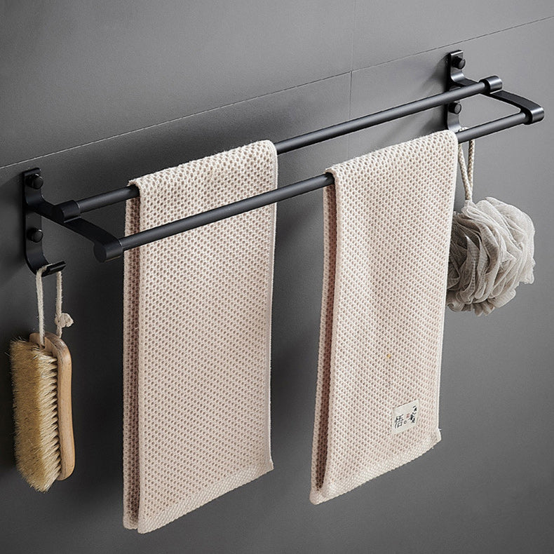 Skorter | 6-piece modern bathroom hardware set in matte black with bathroom shelf/towel holder & bathrobe hooks