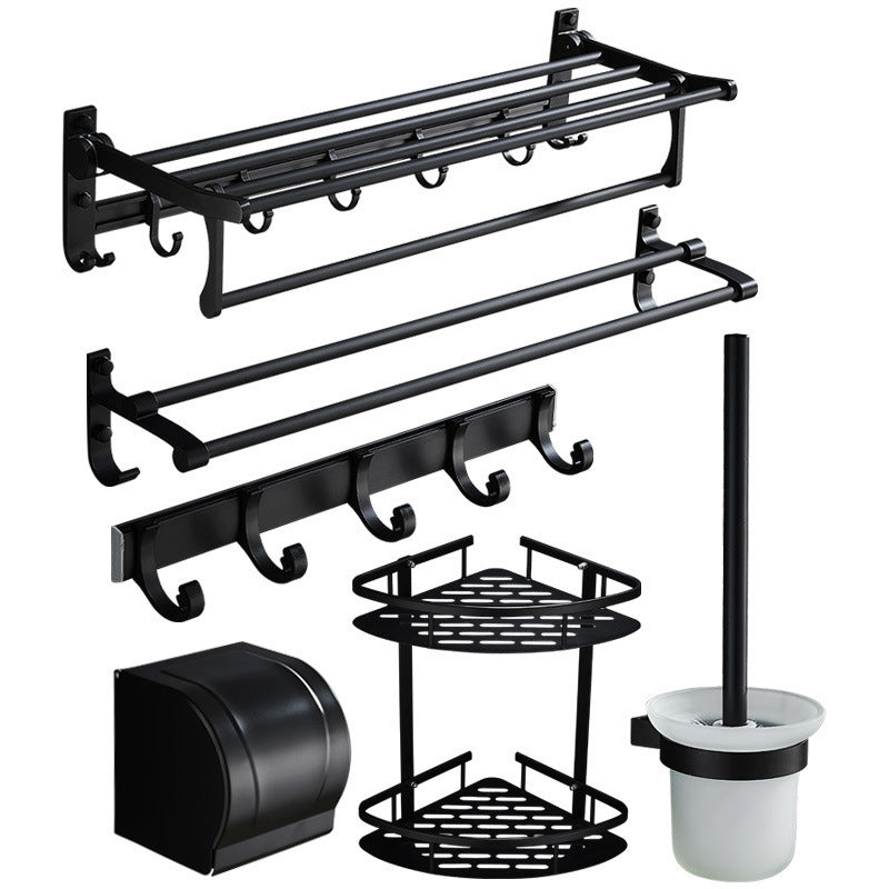 Skorter | 6-piece modern bathroom hardware set in matte black with bathroom shelf/towel holder & bathrobe hooks