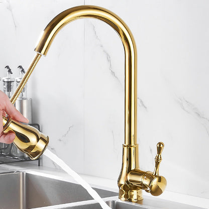 Skorter | Brushed Gold Kitchen Faucet High Arc Swivel Spout with Pull-Down Spray Head