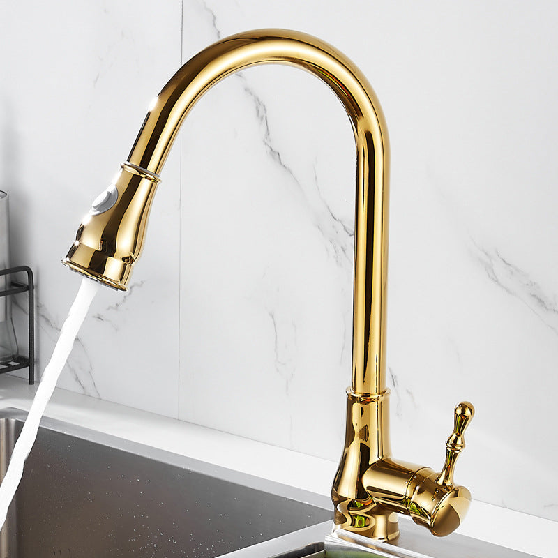Skorter | Brushed Gold Kitchen Sink Faucet High Arc Swivel Spout with Pull-Down Spray Head