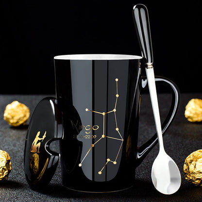 skorter | 12 constellations black ceramic mug with lid spoon