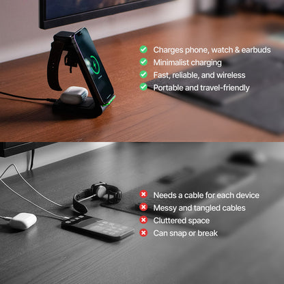 Skorter | 3-in-1 Wireless Charging Station | Apple, Samsung, Watch, AirPods | Fast Charging Solution