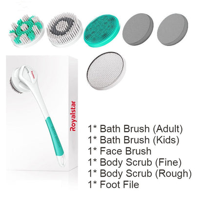 Skorter | All-in-One Rechargeable Body Brush Set, with 7 Replaceable Heads & Long Handle for Body, Face, Foot, Adult & Kids