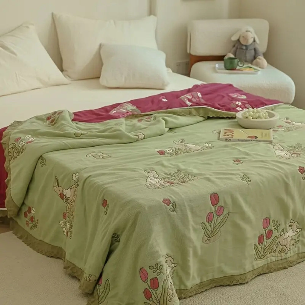 Skorter | Embroidered Bunny Floral Cotton Blanket