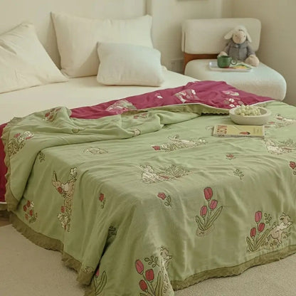 Skorter | Embroidered Bunny Floral Cotton Blanket