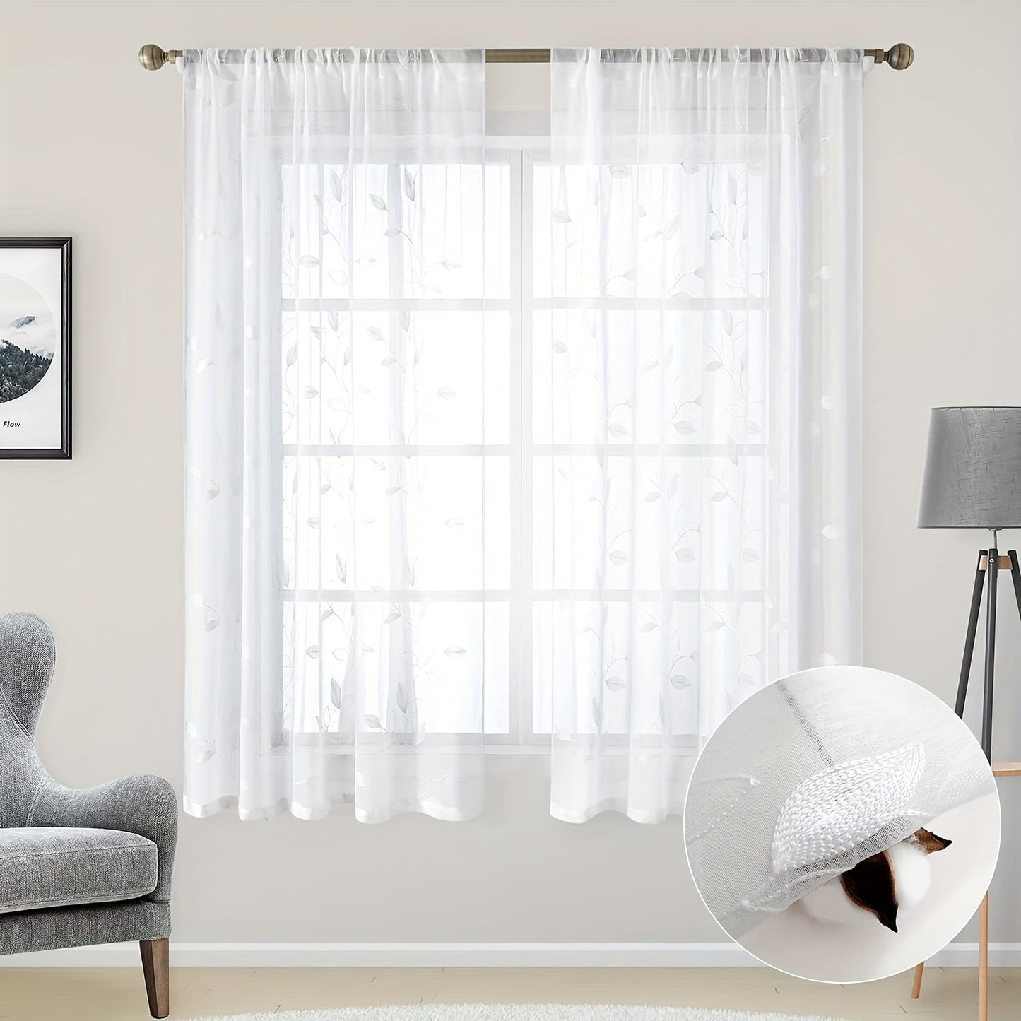 Skorter | Embroidered curtains with leaves - 2 pcs semi-transparent for bedroom and living room