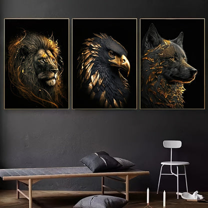 Skorter | 3 pcs Unframed Canvas Poster - Modern Art, Abstract Paintings of The Golden Lion and Eagle, Ideal Gift for Bedroom, Living Room, Hallway, Wall Decoration, Winter Decoration, Room Decor