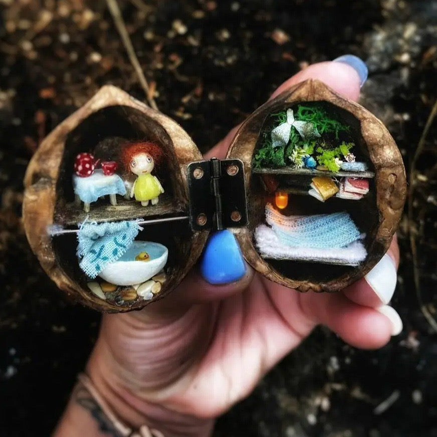 Skorter | Handmade.Walnut Shell Doll House--Mini Library, Tiny World Inside Walnuts
