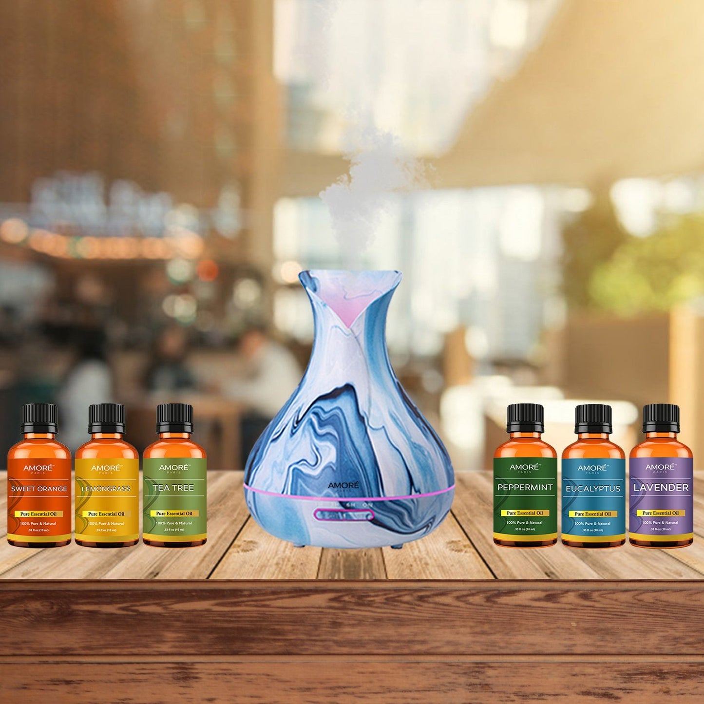 Skorter | 7-piece set: Hydro Dipped Ultrasonic Aromatherapy Diffuser With Essential Oils Gift Set