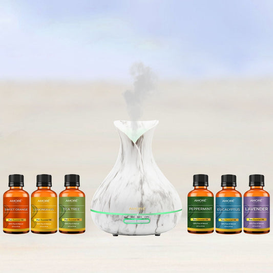 Skorter | 7-Piece: White Marble 300ml Ultrasonic Aroma Diffuser with Essential Oil Gift Set