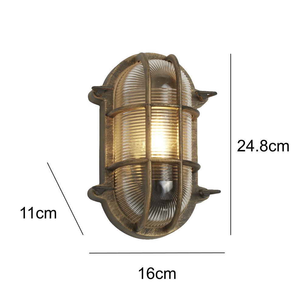 Skorter | Antique Brass & Ribbed Glass Outdoor Vintage Oval Surface Lights Wall Lamp 248mm