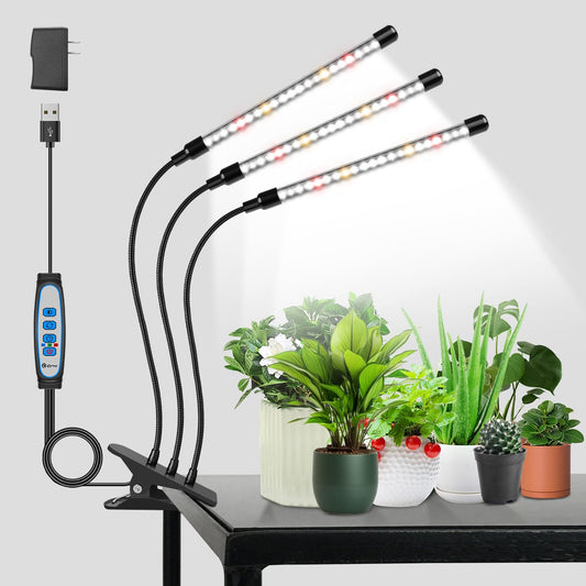 Skorter | Wolezek Growth Light For Indoor Plants Full Spectrum, 6000K 3 Head Plant Light Indoor, LED White Plant Growth Lamp With Clip, Automatic On & Off Timer 6/12/16H, 3 Light Modes, 5 Levels Dimmable Brightness