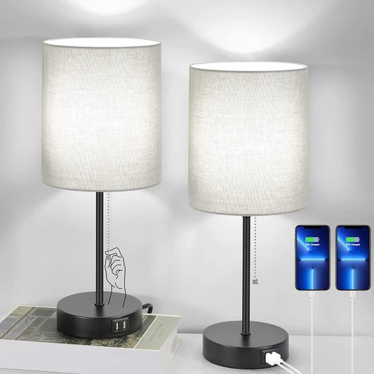Skorter | Table lamp set of 2 with USB charging ports, gray bedside lamps with AC outlet, bedside lamps with pull switch, minimalist modern desk lamps with fabric shade for living room bedroom office