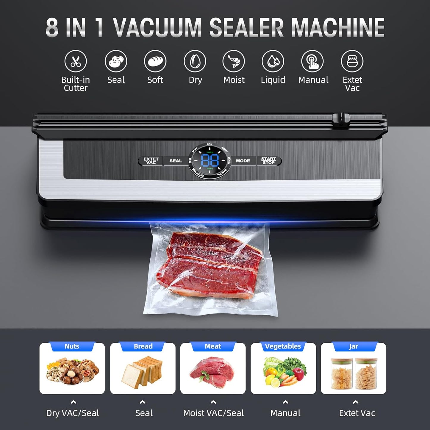 Skorter | 8-in-1 Vacuum Sealer with Built-In Cutter | Food Saver Machine for Dry & Moist Foods