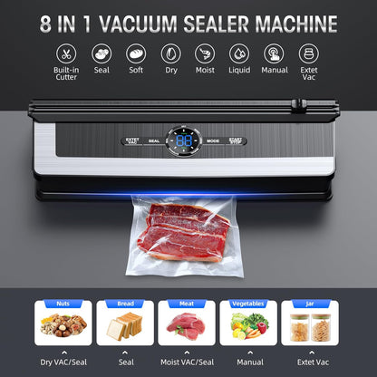 Skorter | 8-in-1 Vacuum Sealer with Built-In Cutter | Food Saver Machine for Dry & Moist Foods