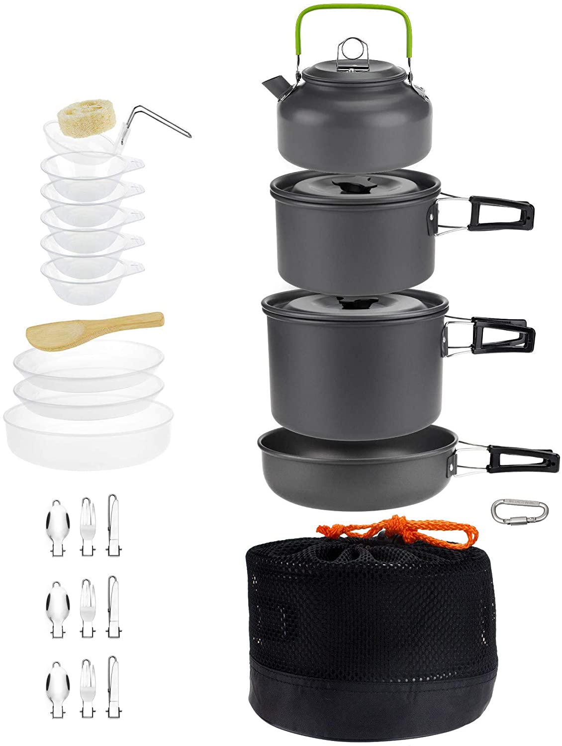 Skorter | DZRZVD Camping Cookware Mess Kit Gear, Backpacking Accessories Equipment Pots and Pan Set with Mesh Carrying Bag for Hiking, Picnic