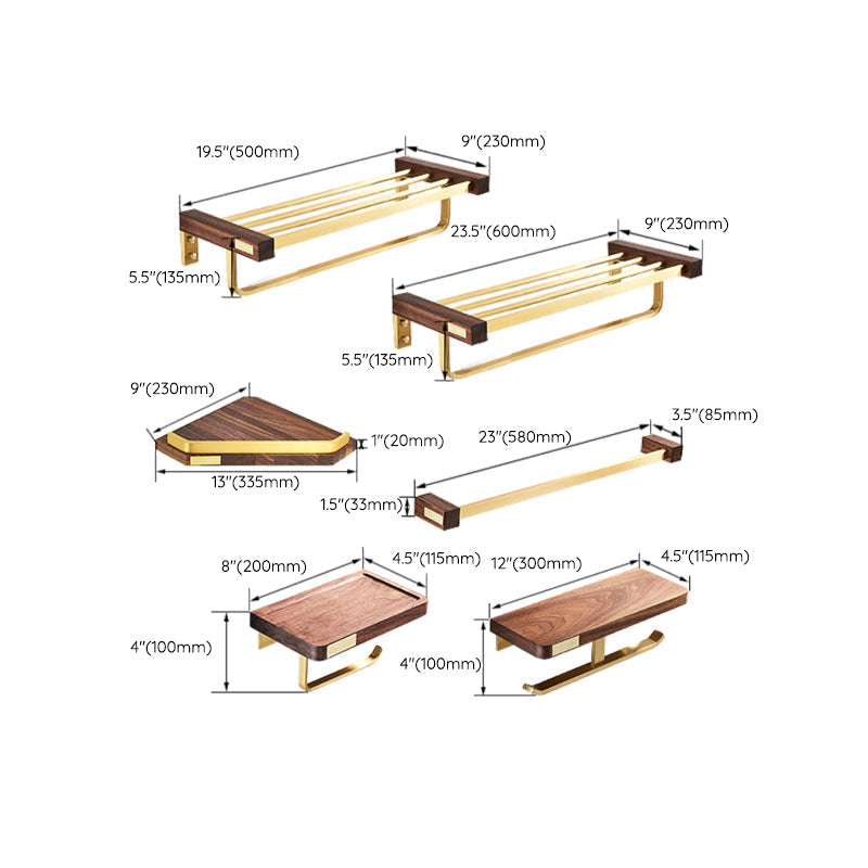Skorter | 6-piece walnut bathroom accessory set metal gold bath hardware set