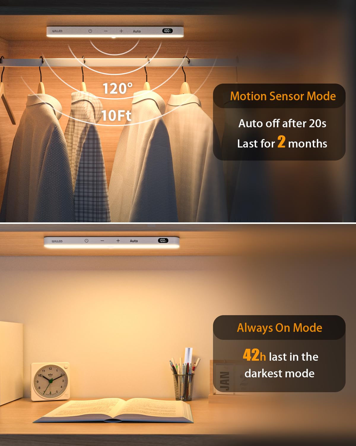 Skorter | Willed 3000K Motion Sensor Light - 60 Led Touch Light Bar, Rechargeable, 4 Pack for Indoor Use