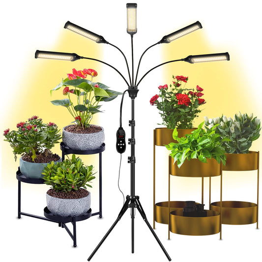 Skorter | Grow light for indoor plants, Aukphie Full Spectrum LED grow light with stand, Automatic on/off with timer setting 3/6/9/12/15/18 hours & 10 brightness levels, Plant light for indoor plants with 450 LEDs. (5 light heads)