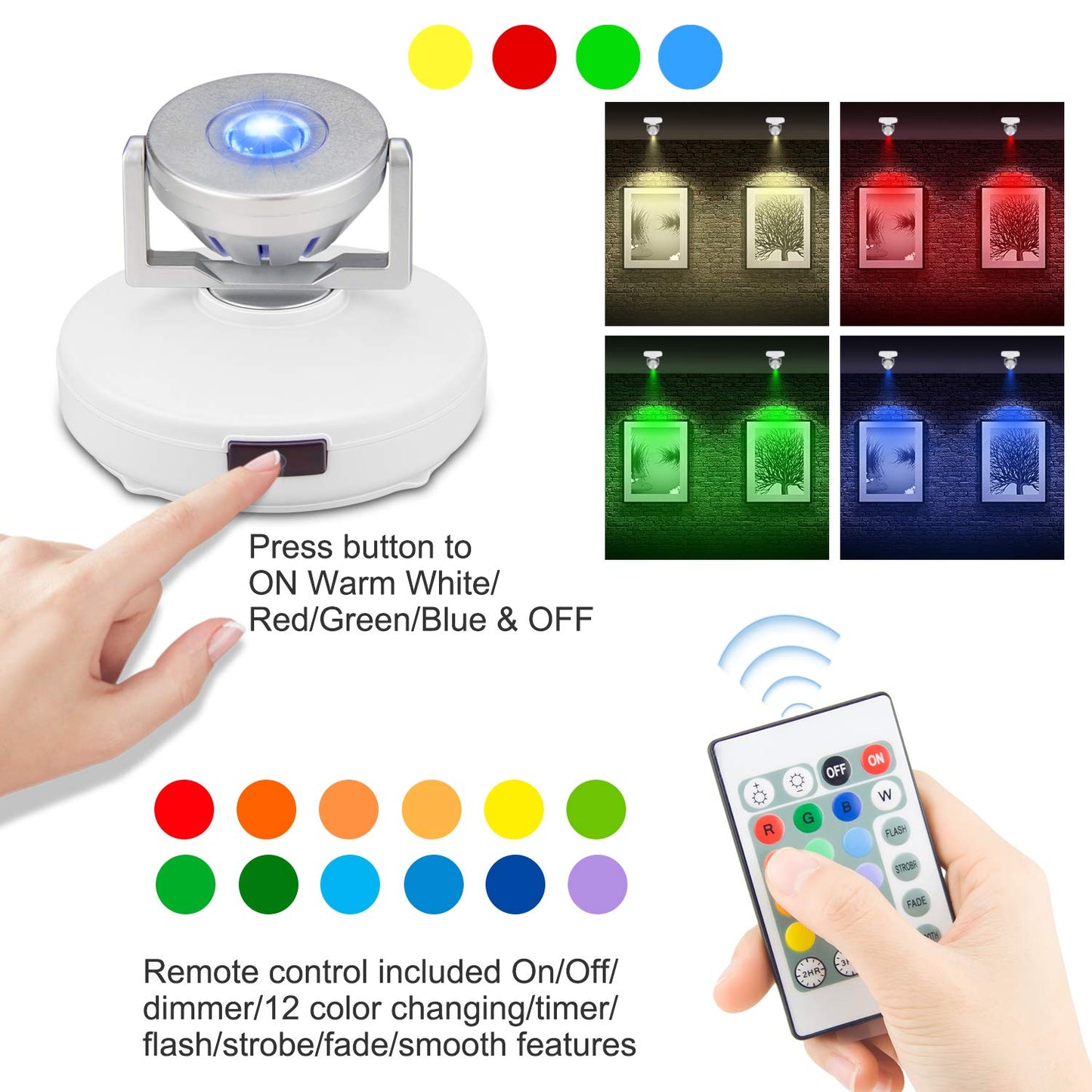 Skorter | Bigmonat Led Spotlight, Wireless Color Change Lighting With Remote Control, Dimmable, 2 Pack