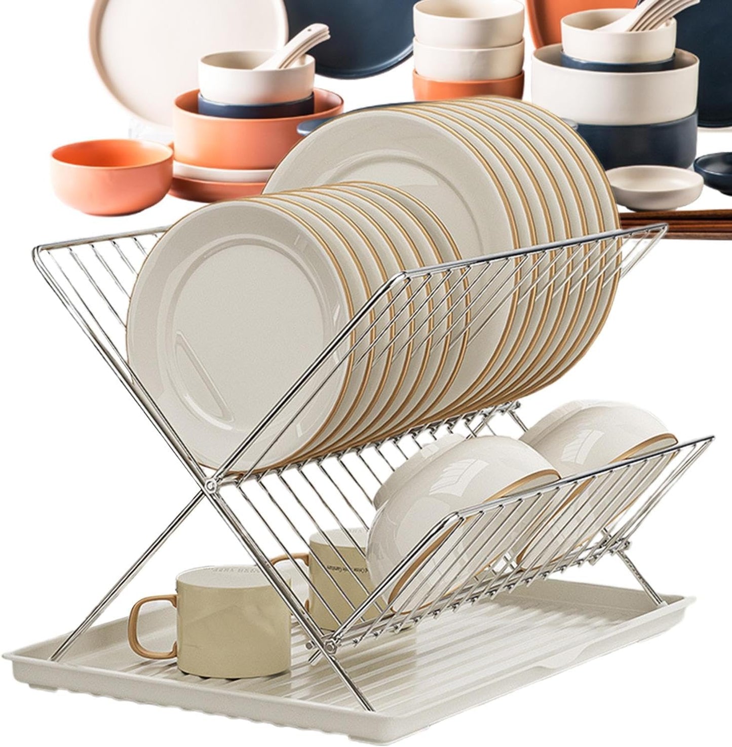 Skorter | Folding Dish Drying Rack – 2-Tier Countertop Drainer with Detachable Tray – Kelvra