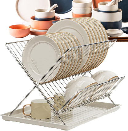 Skorter | Folding Dish Drying Rack – 2-Tier Countertop Drainer with Detachable Tray – Kelvra