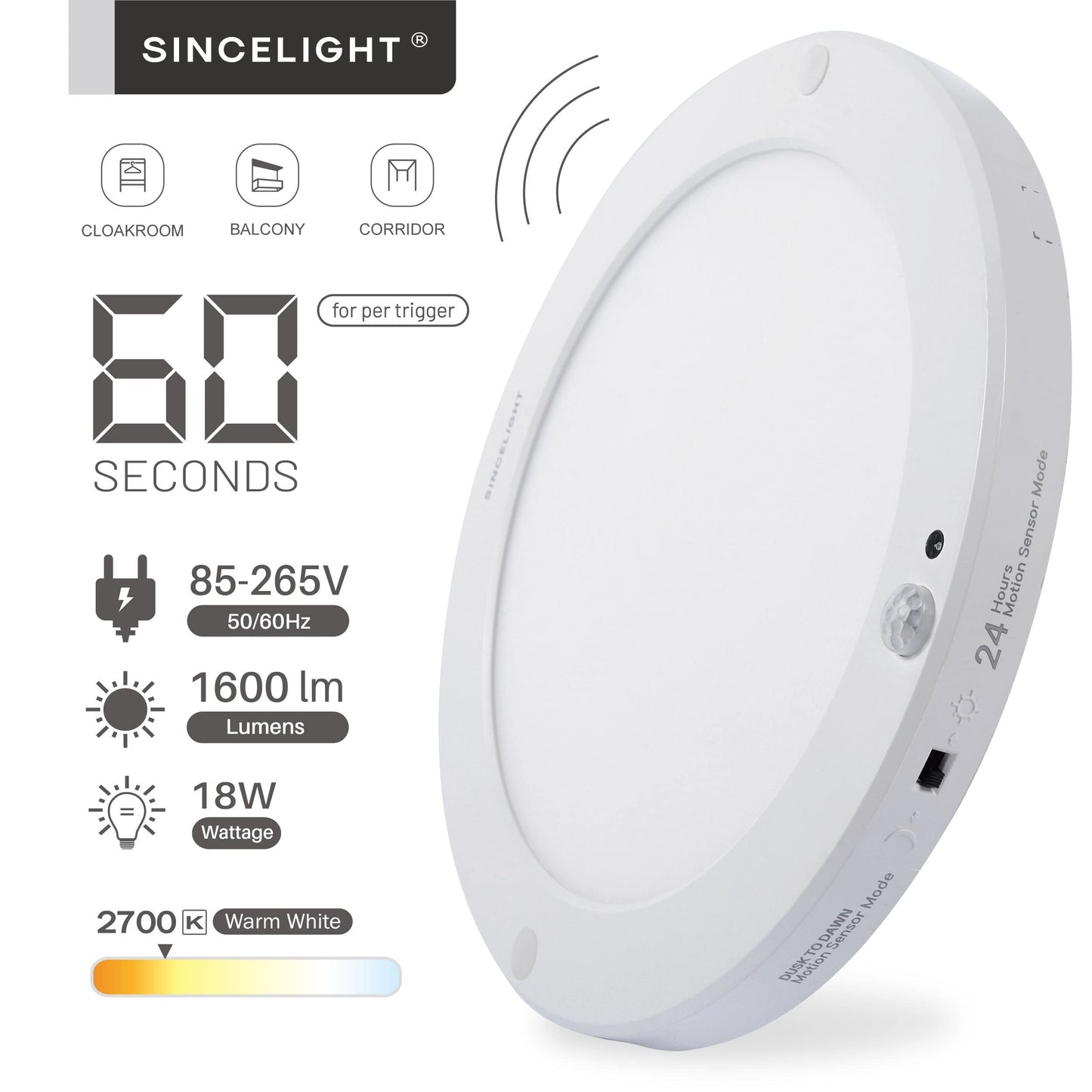Skorter | Sincelight Pir Led Motion Sensor Ceiling Lamp, 18W Ultrathin, Warm White, Twilight Light