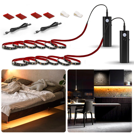 Skorter | Wobane LED Motion Sensor Light Strip, 2 Meter Warm White, Battery Powered, 2 Pack, Black