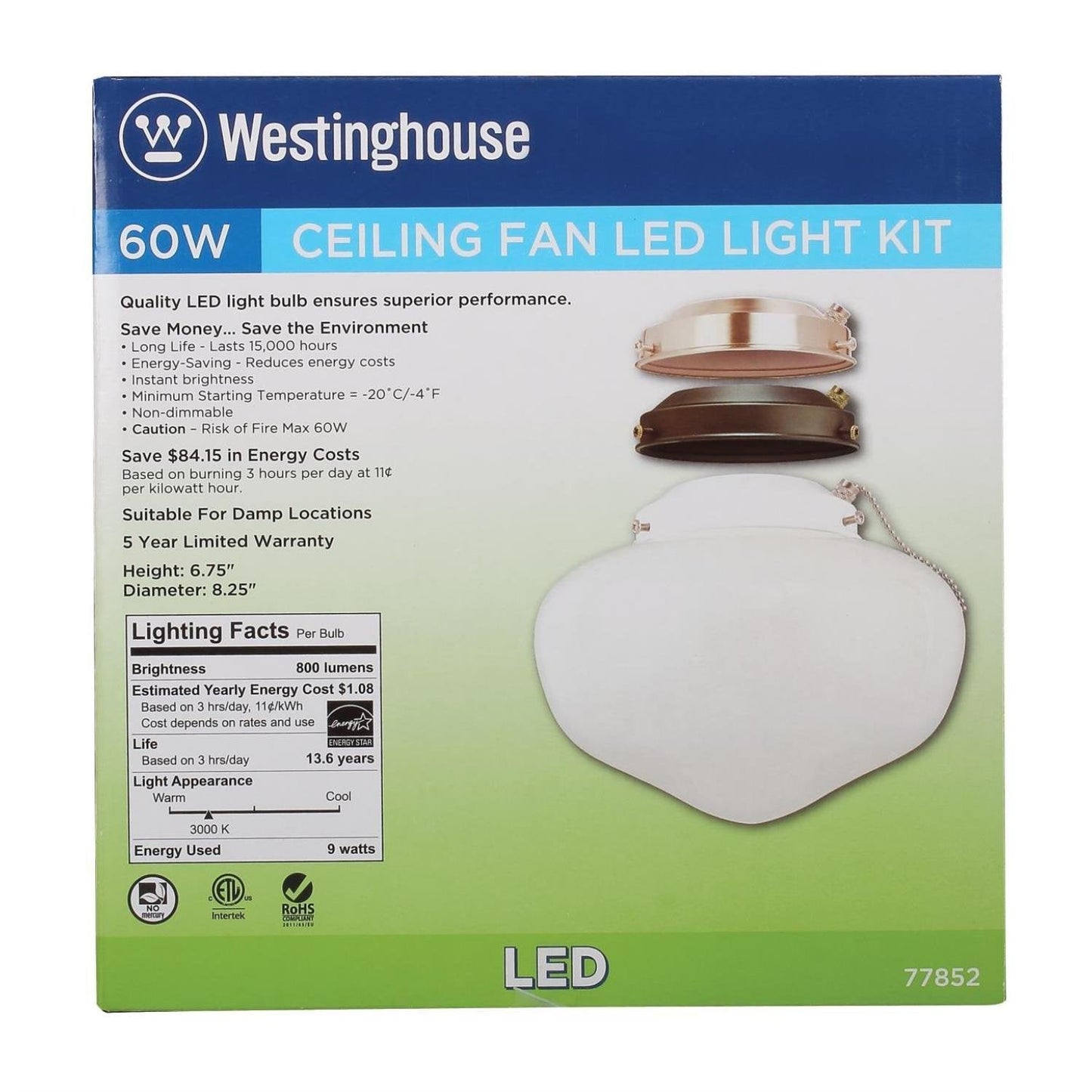 Skorter | Westinghouse 7785200 Led Ceiling Fan Light Set, Energy Star, White Opal Glass, 3 Fitters, Red