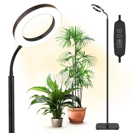Skorter | Growth light for indoor plants Full Spectrum, Plant growth light, 20W LED floor plant growth lamp with height adjustable stand, Timer switch 3/9/12H, 10 dimmable brightness for small large plants, Round