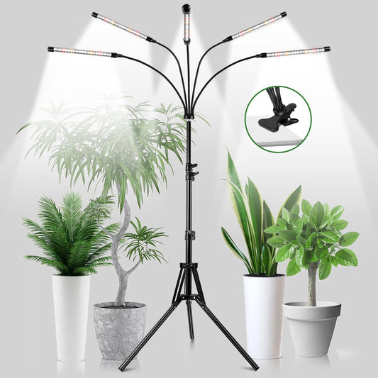 Skorter | Garpsen Grow Light For Indoor Plants, 5 Heads Full Spectrum Grow Light With Adjustable Stand & Sturdy Clip, 100Pcs Leds Plant Light For Indoor Plants With 6/12/16H Timer And 3 Light Modes