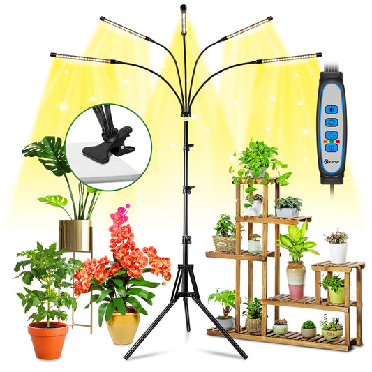 Skorter | Wolezek Grow Light for Indoor Plants Full Spectrum, Led Grow Light with Adjustable Stand and Solid Clamp, 5-Head Plant Grow Light Indoor with Automatic 6/12/16H Timer, 3 Light Modes, 5 Levels Dimmable