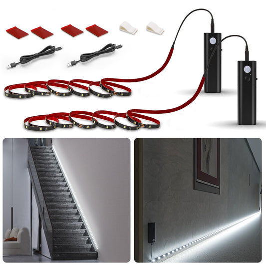Skorter | Wobane Motion Sensor LED Strip Light 6.56 Ft, Rechargeable, Battery Powered, 6000K White, Black